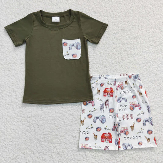 BSSO0131 Boys Farm House Pocket Green Short Sleeve Shorts Set