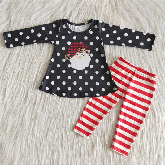 6 B7-1 Santa Claus Polka Dot Black Long Sleeve Red Stripe Pants