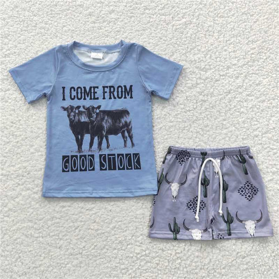 BSSO0240 Boys I COME FROM Bull Head Blue Short Sleeve Shorts Set