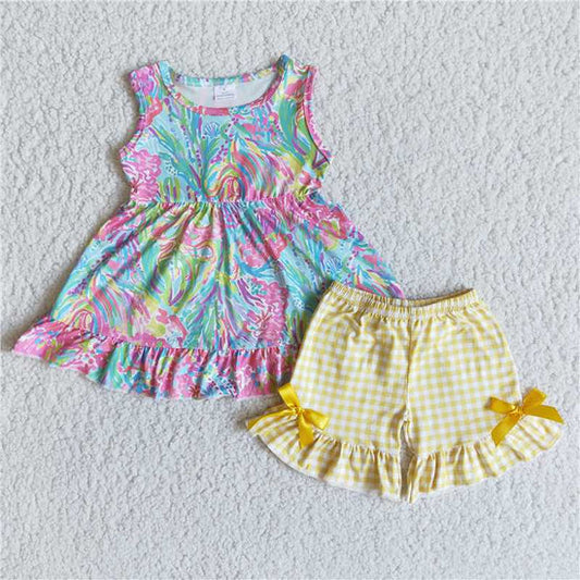 E8-19 Watercolor Sleeveless Top Plaid Shorts Set