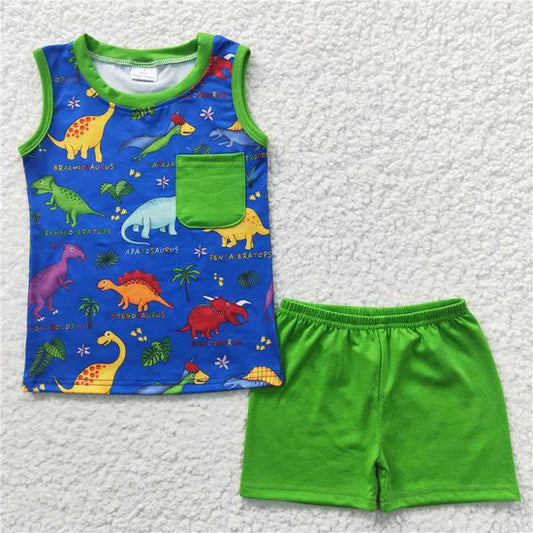 BSSO0234 Boys Colorful Dinosaur Green Pocket Sleeveless Shorts Set