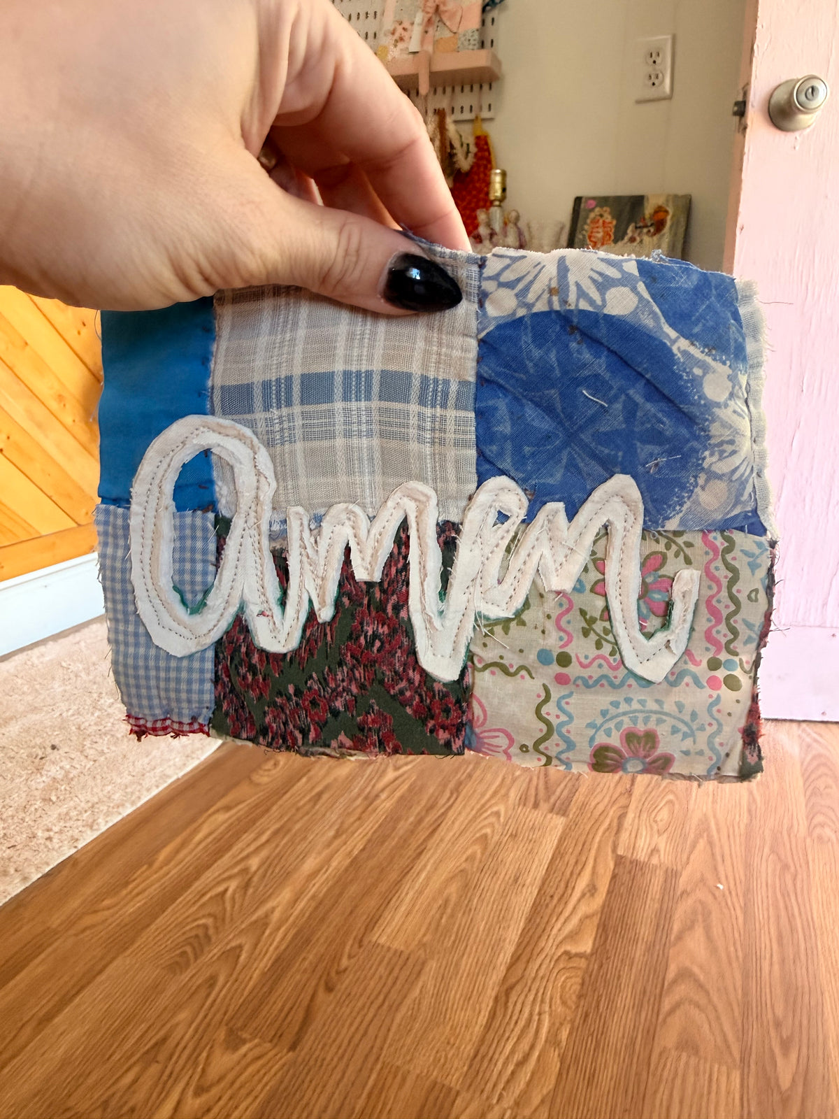 Unframed Vintage Quilt/ Linen Piece Amen 5x7