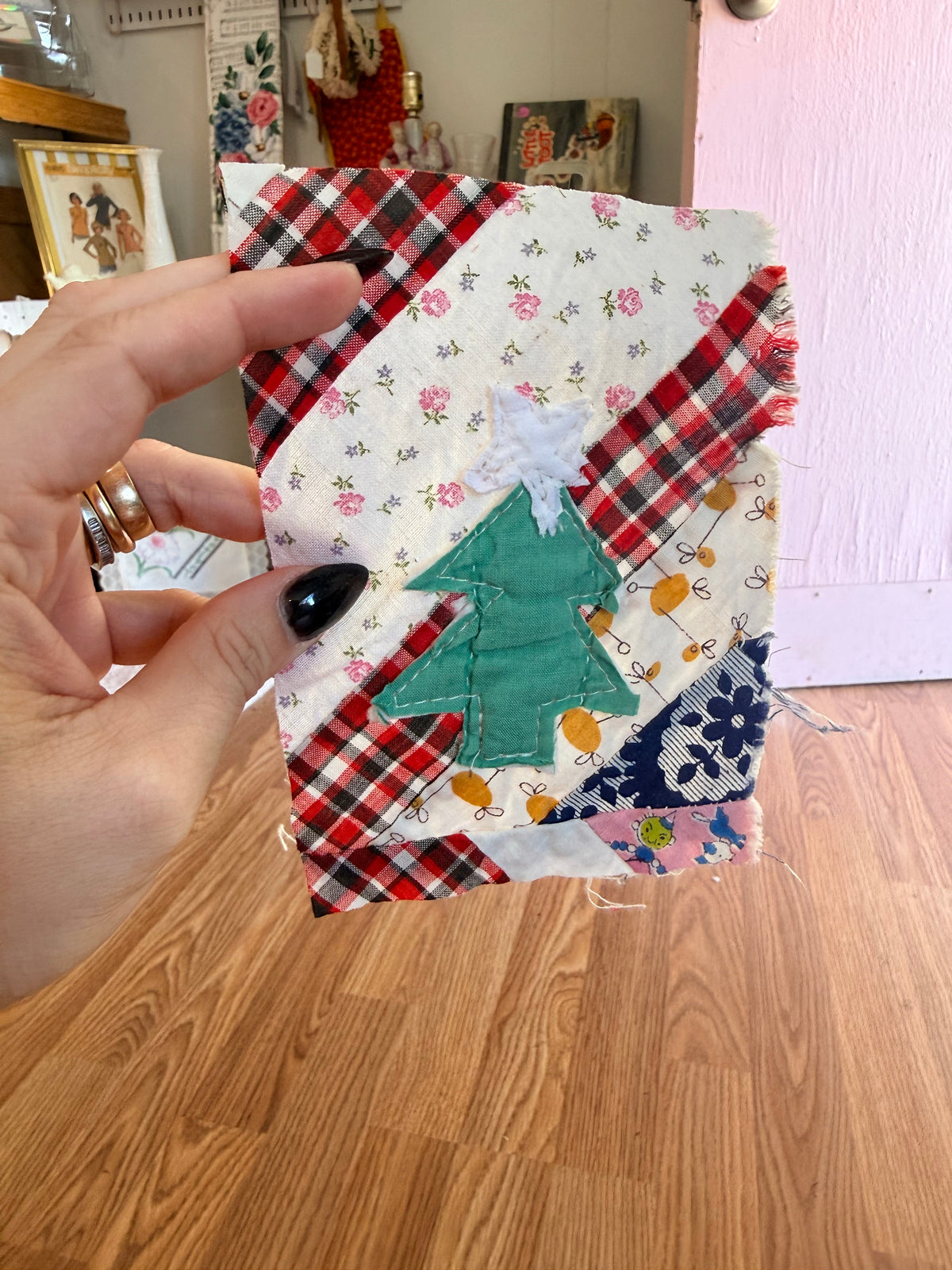 Unframed Vintage Quilt/ Linen PieceTree4x6