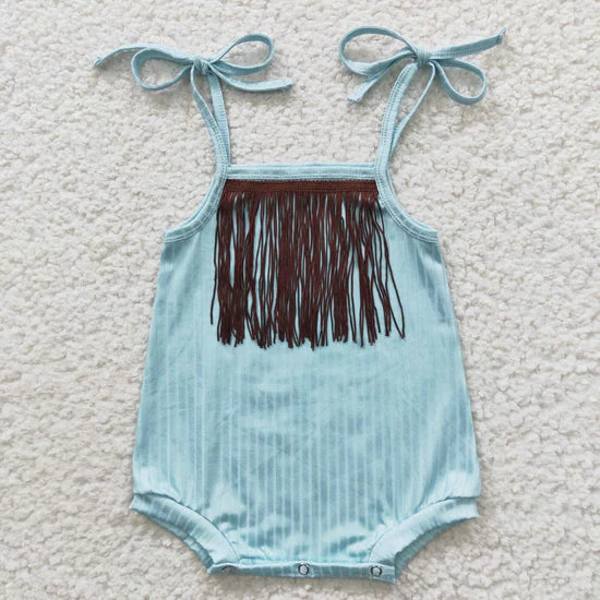 SR0289Brown Fringed Blue Tank Top Bodysuit