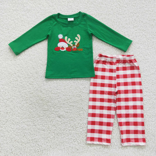 BLP0203 Embroidered Santa Reindeer Plaid Green