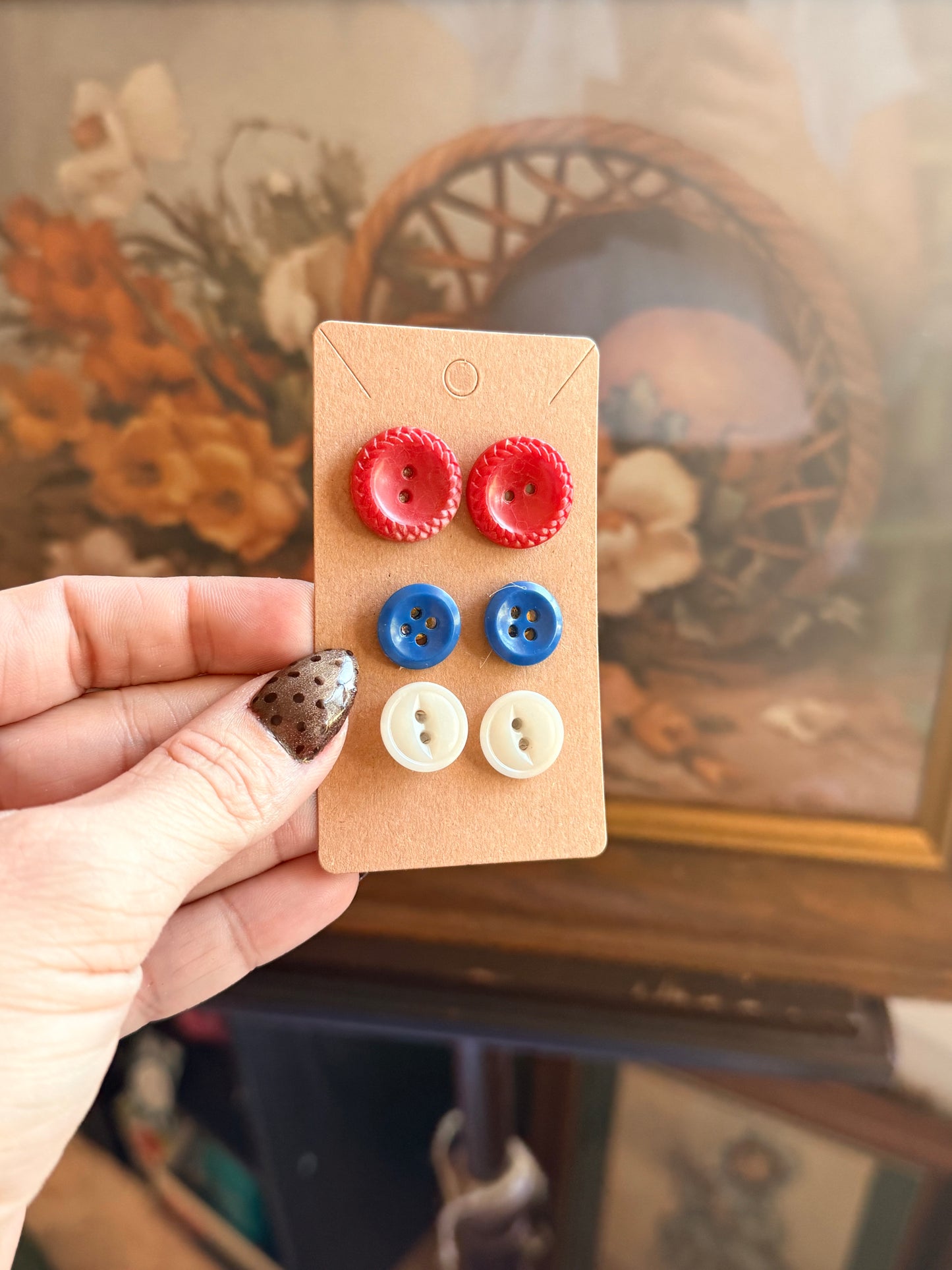 Vintage Button Earring Trio-County Fair