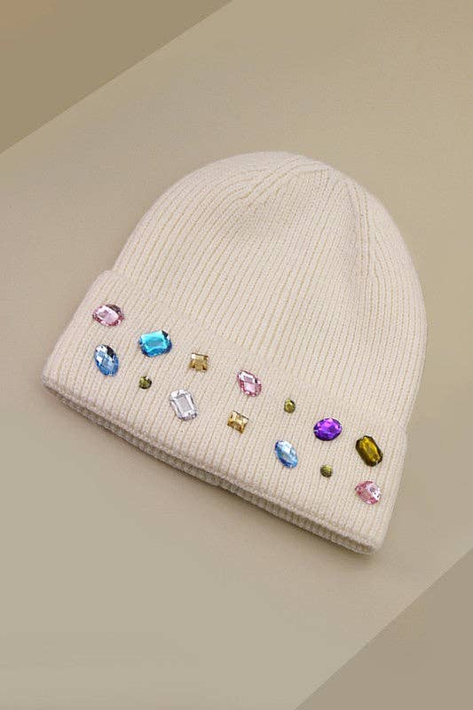 JEWELED COLOR STONE EMBELLISHMENT BEANIE | 40BN906