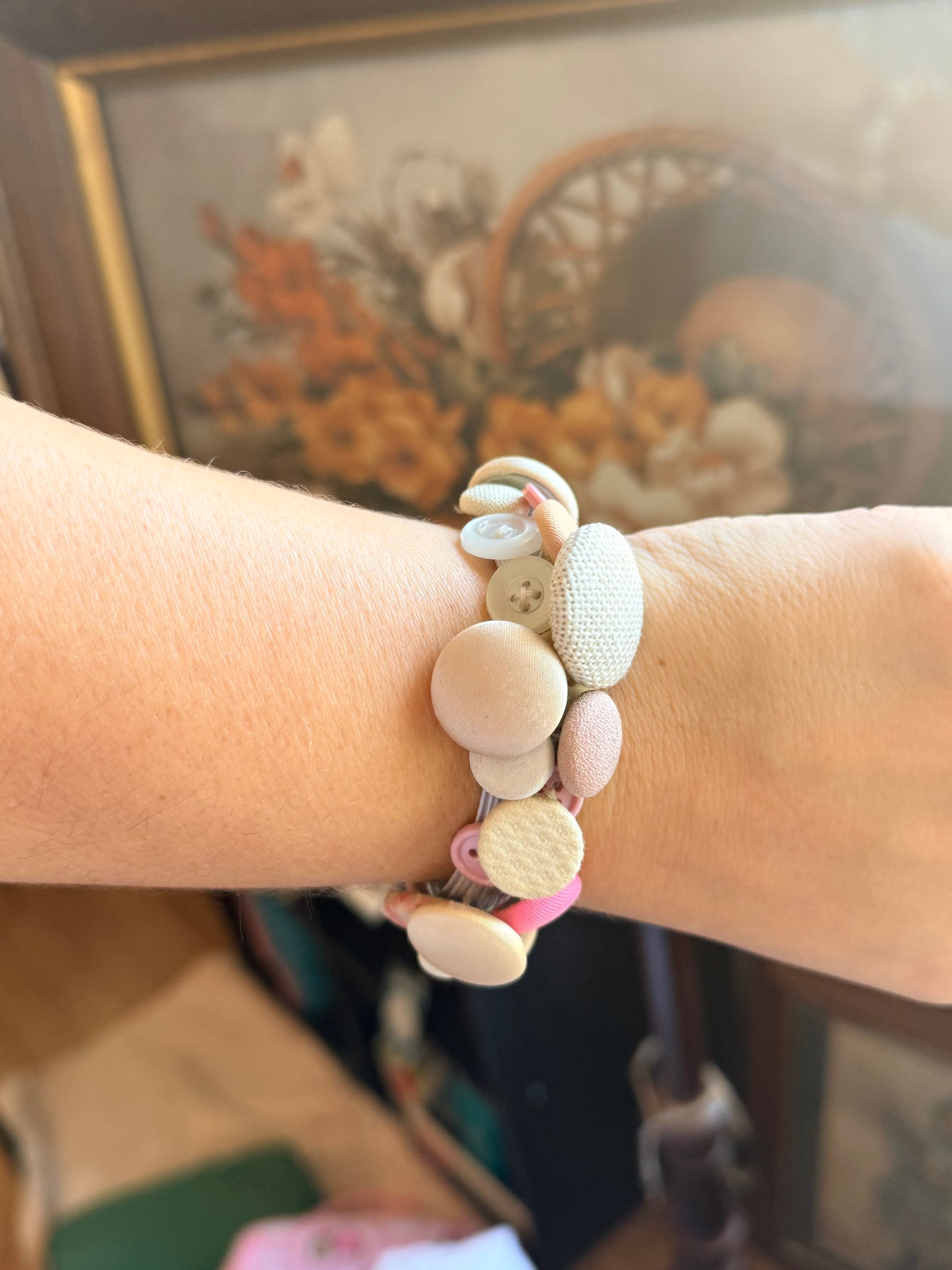 Vintage Button Bracelet-Pink GIngham