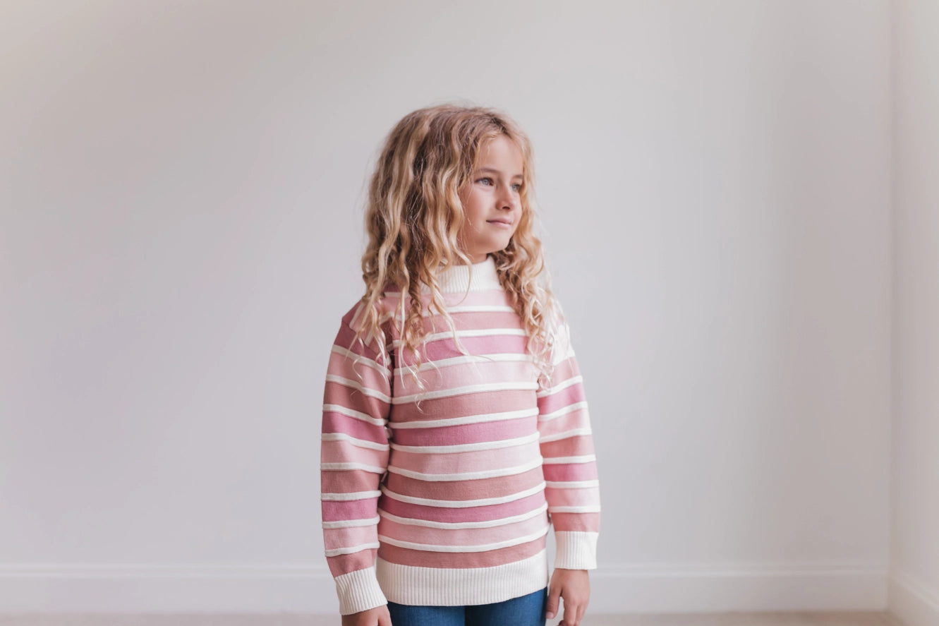 Kids Ombre Pink Stripe Ribbed Crew Neck Fall Winter Sweater