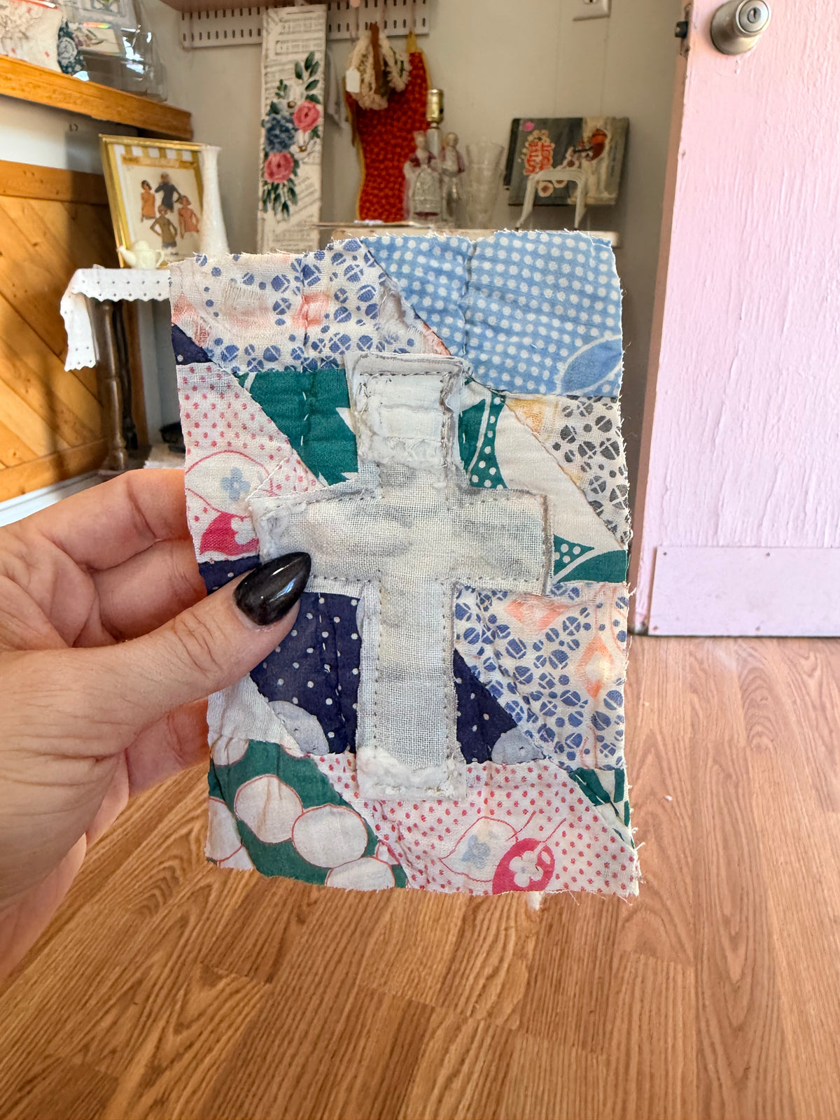 Unframed Vintage Quilt/ Linen Piece Cross 4x6
