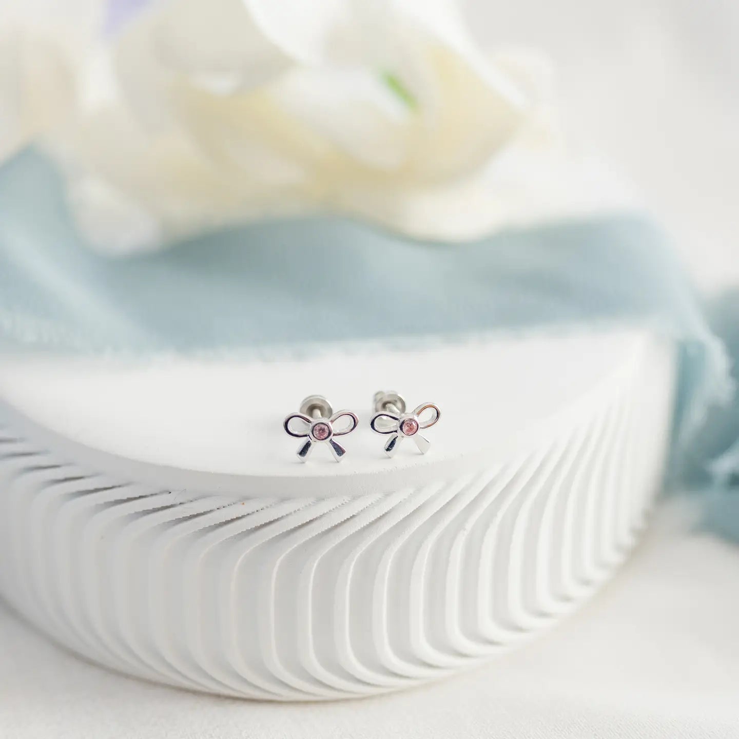 Girls Sterling Silver Pink Bow Screw Back Earrings For Kids