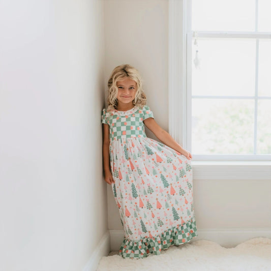 Kids Mint Modern Tree Print Holiday Christmas Lounge Gown