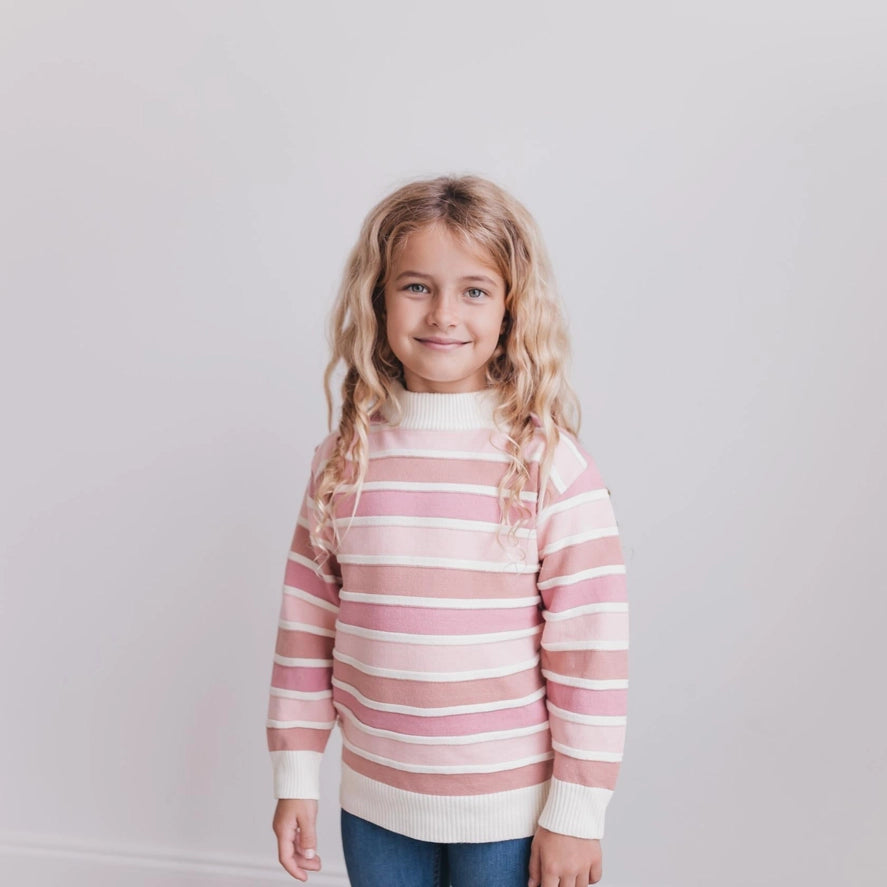 Kids Ombre Pink Stripe Ribbed Crew Neck Fall Winter Sweater