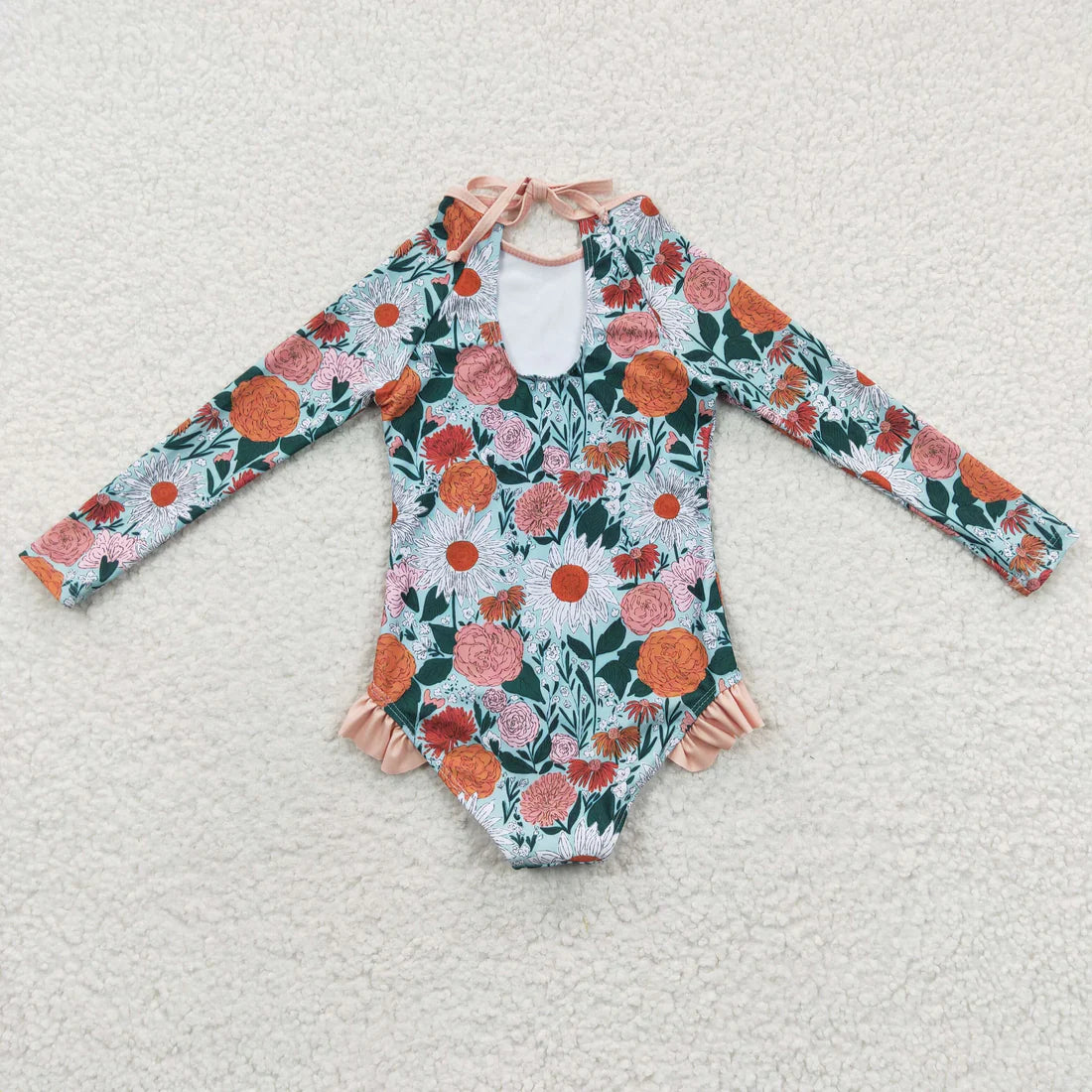 S0084 Multicolored floral green long-sleeved one-piece swimsuit