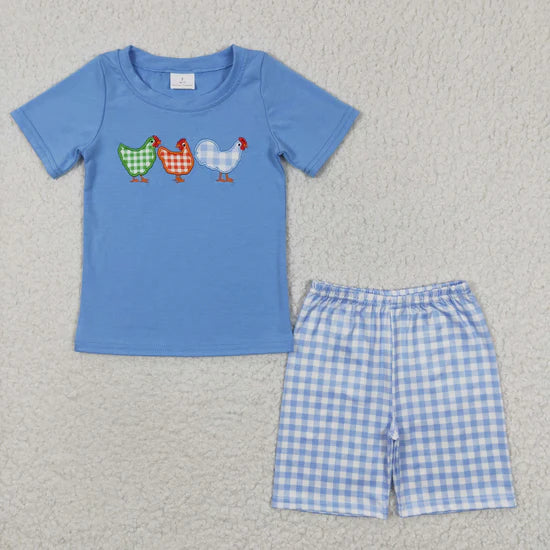 BSSO0201 Boys Embroidered Rooster Blue Short Sleeve Plaid Shorts Set