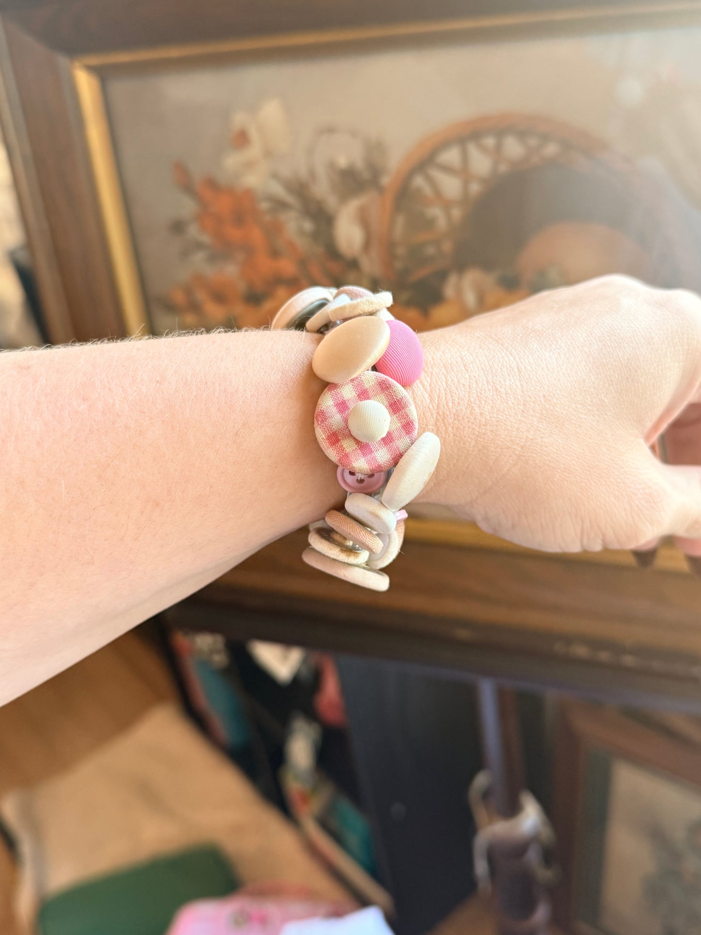 Vintage Button Bracelet-Pink GIngham