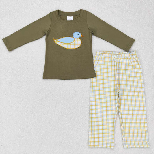 BLP0335 Embroidered Duck Green Long Sleeve Blue Plaid Pants