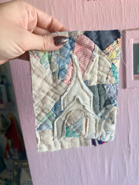 Unframed Vintage Quilt/ Linen Piece Church 5x7