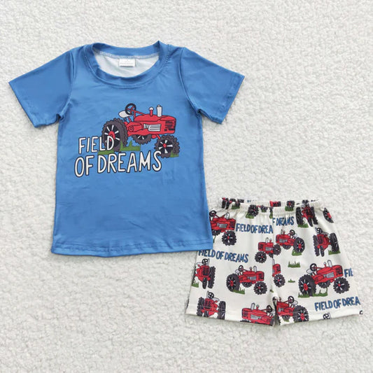 BSSO0190 Boys DREAMS Tractor Blue Short Sleeve Shorts Set