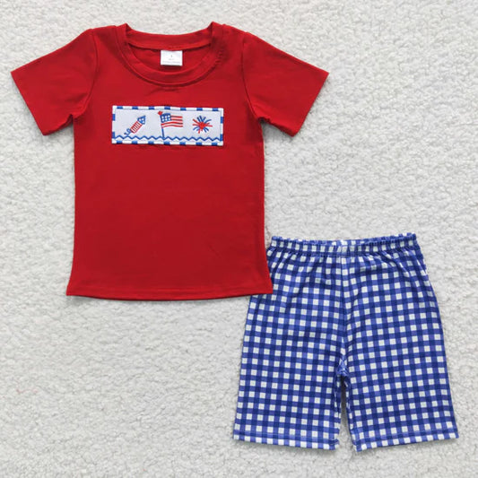 BSSO0176 Boys Embroidered Flag Firework Red Short Sleeve Shorts Set