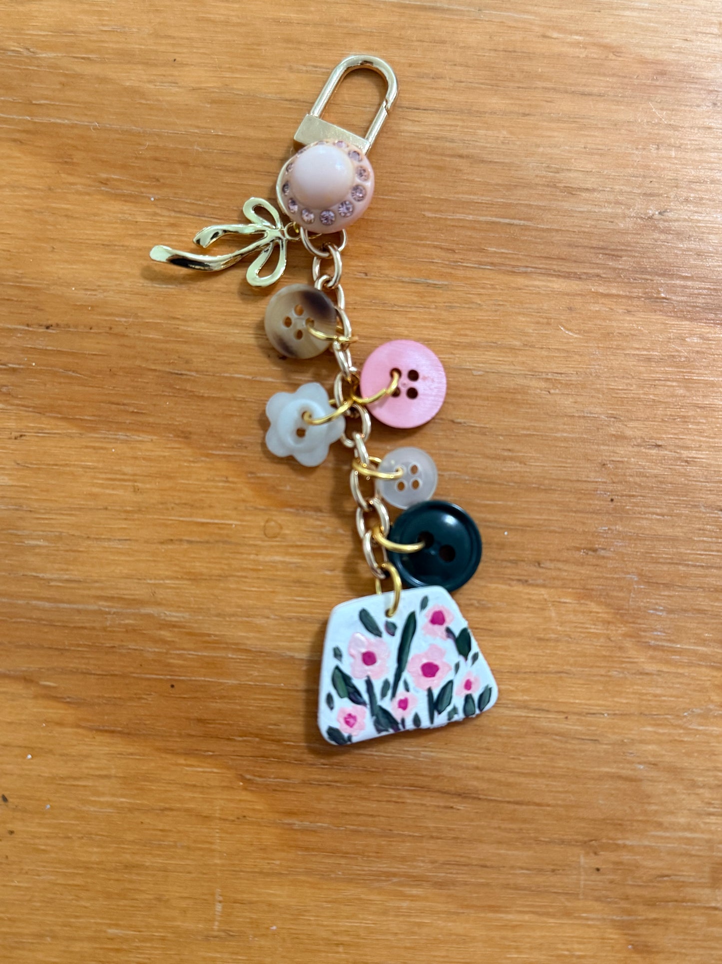 Vintage Button Keychain/ Bag Charm with handpainted charm 3