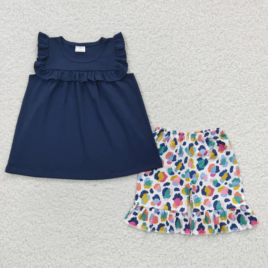 GSSO0298 Girls Navy Blue Sleeveless Colorful Leopard Shorts Set