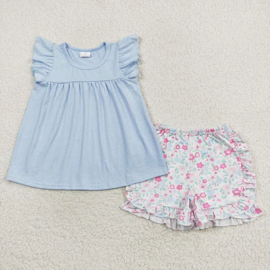 GSSO1056 Flower pink and blue floral short set