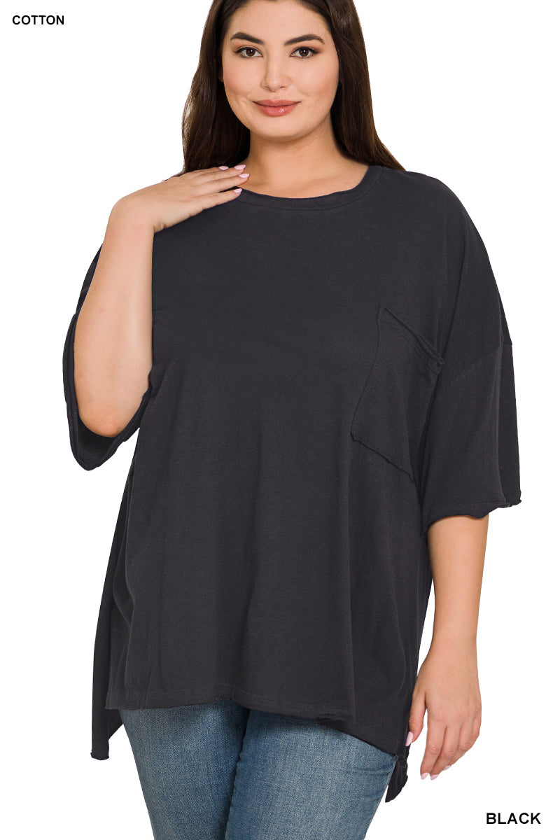 Plus oversized front pocket raw edge top