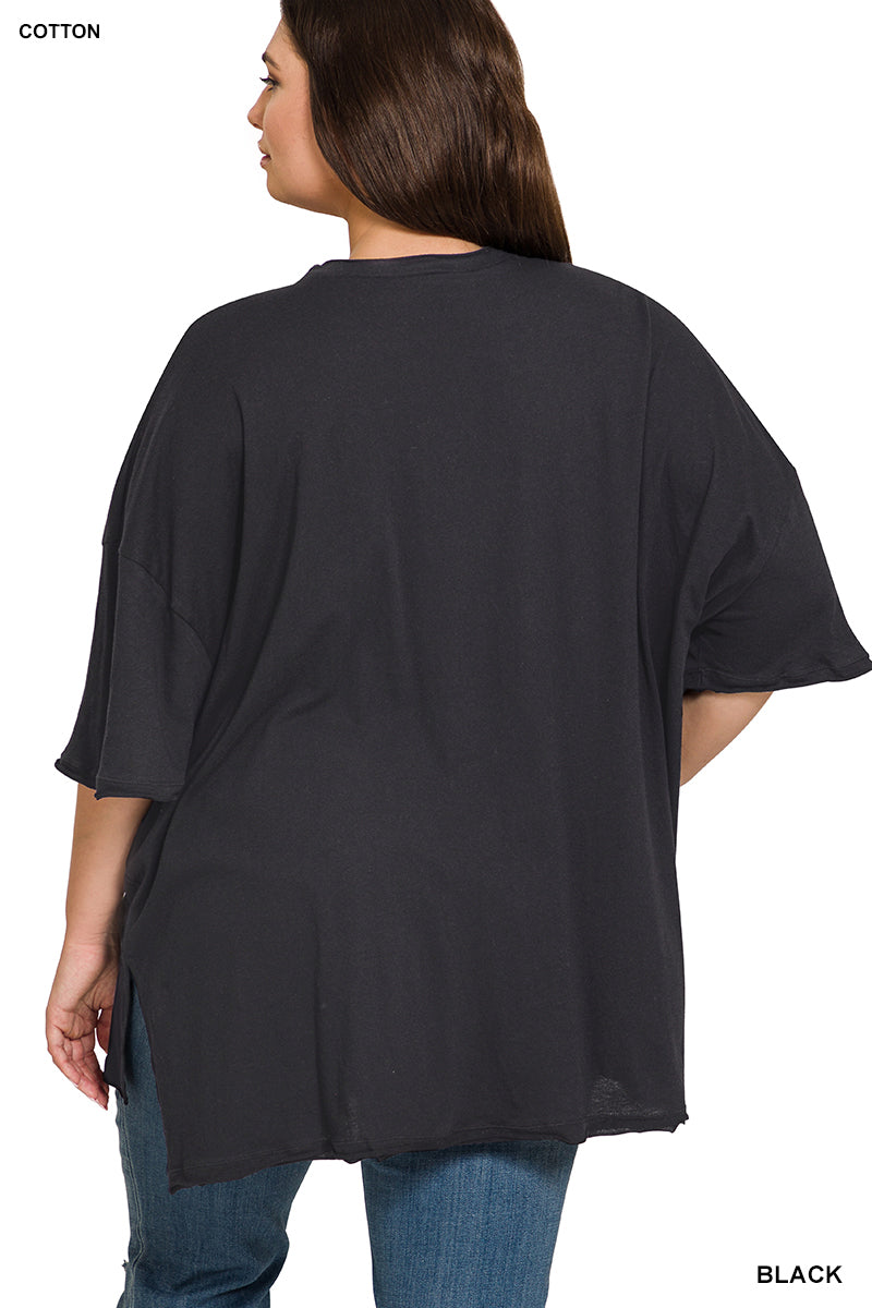 Plus oversized front pocket raw edge top