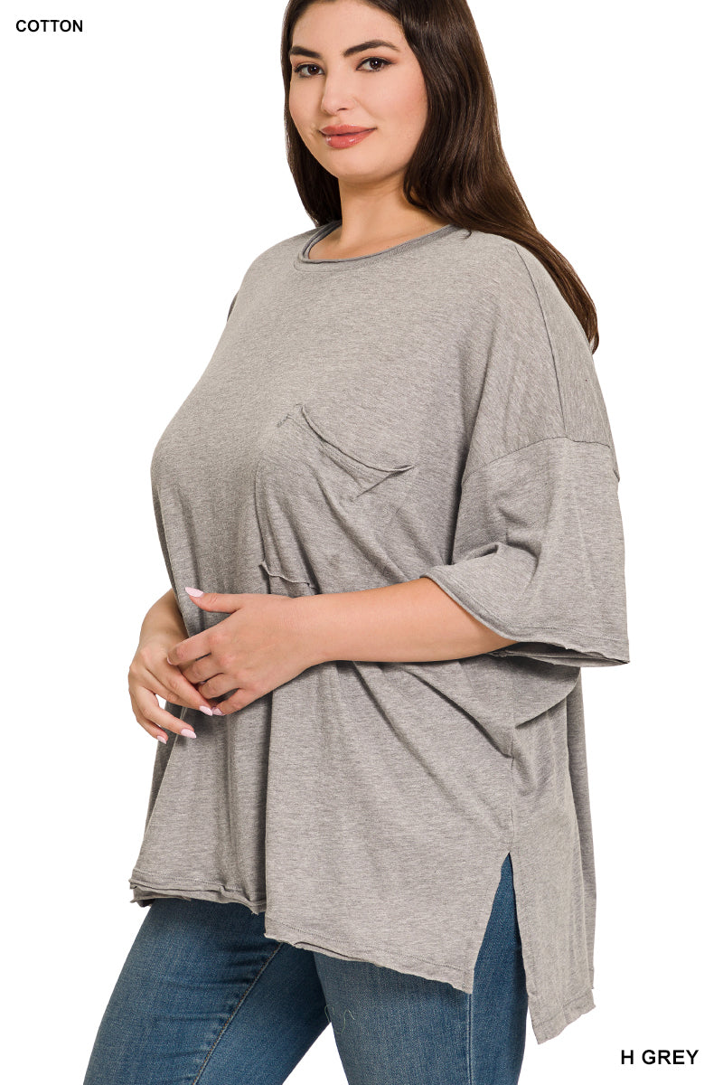 Plus oversized front pocket raw edge top