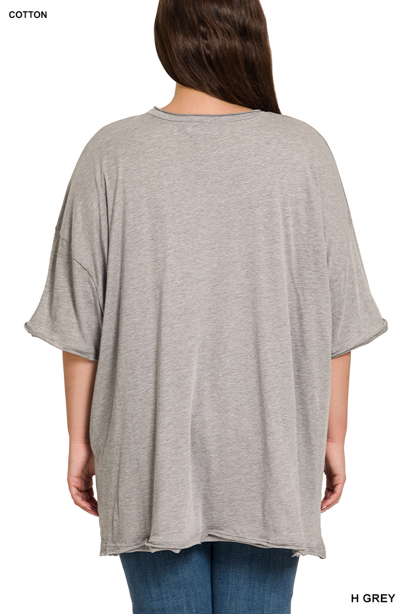 Plus oversized front pocket raw edge top