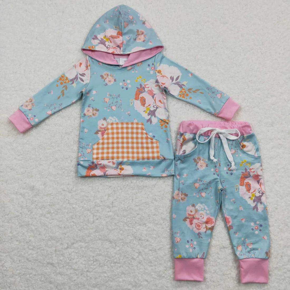 GLP0546 Floral Plaid Pocket Blue Pink Hooded