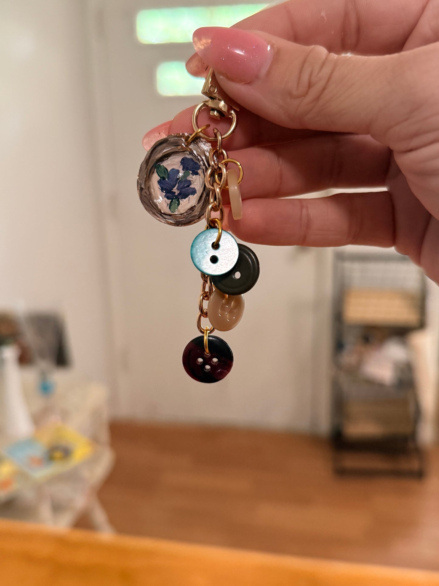 Vintage Button Keychain/ Bag Charm with handpainted charm 1