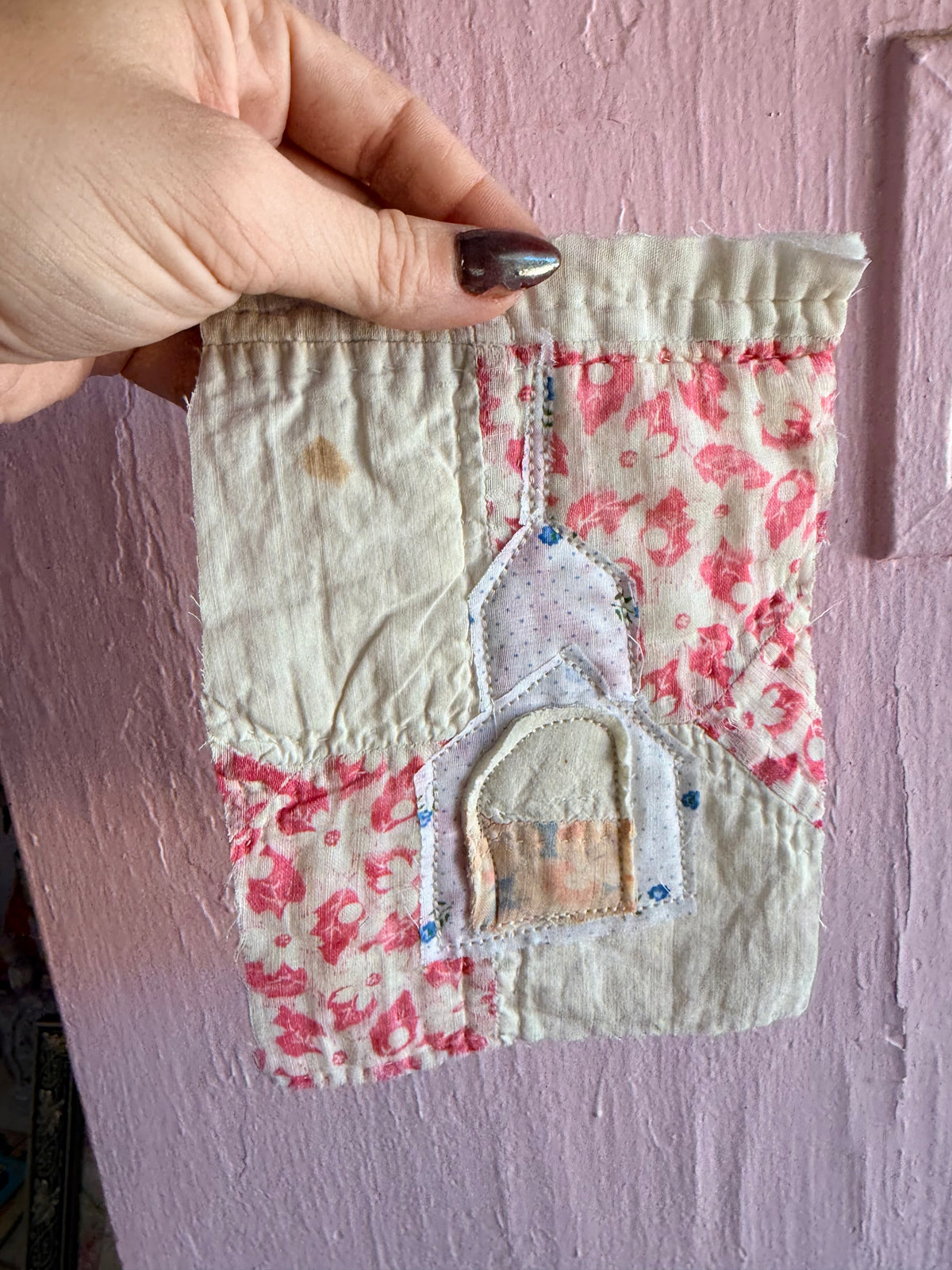 Unframed Vintage Quilt/ Linen Piece Church 5x7