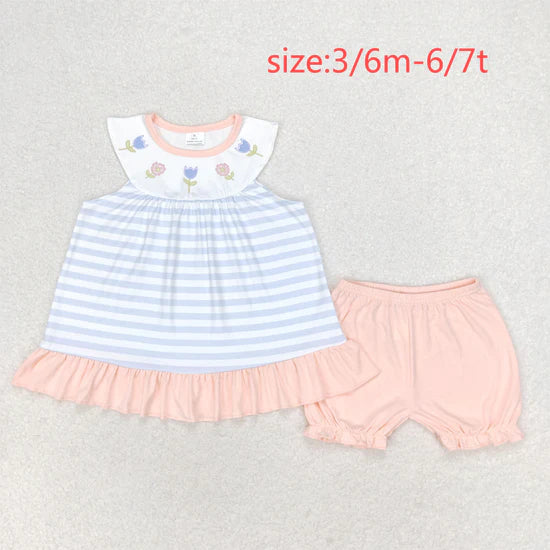 GSSO1101 Flower Blue and White Striped Sleeveless Shorts Set