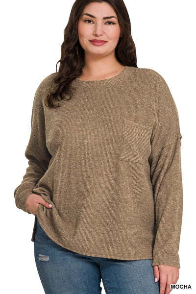 Plus ribbed brushed melange hacci sweater w pocket