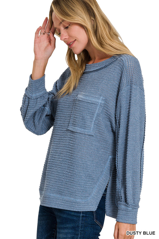 Hi-low exposed seam long sleeve top