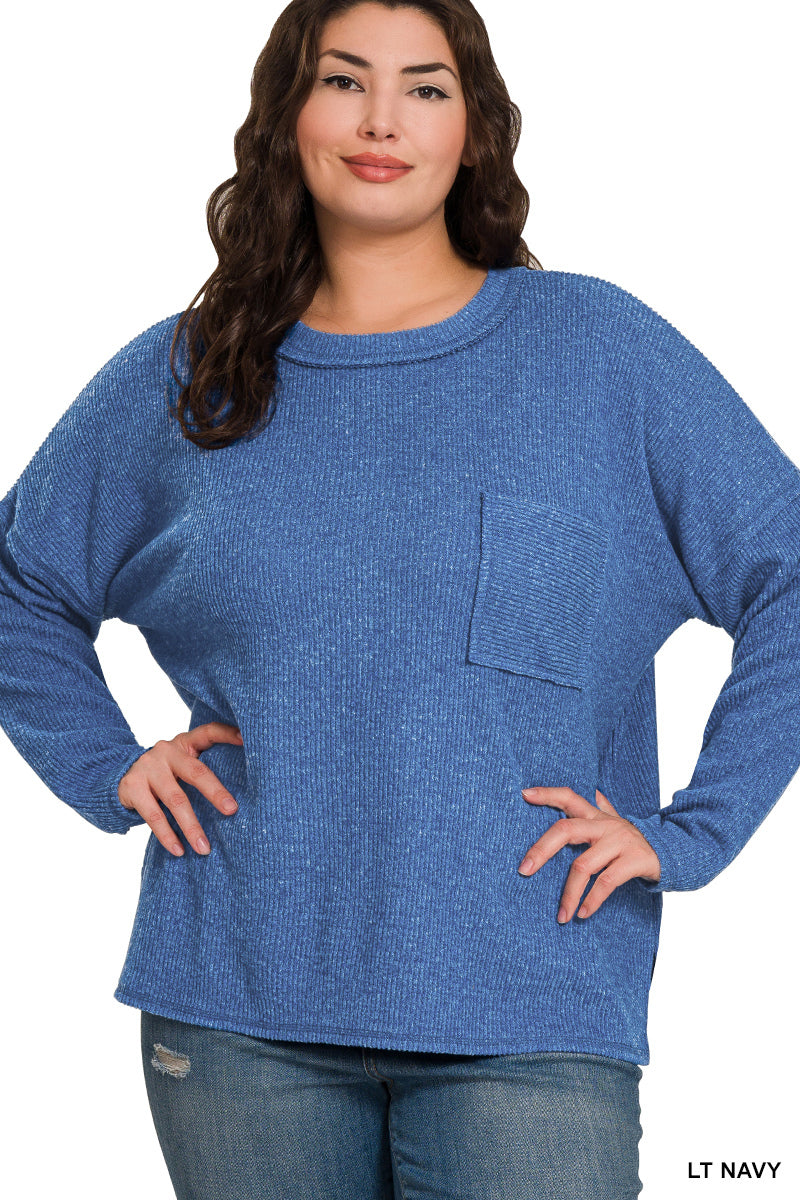 Plus ribbed brushed melange hacci sweater w pocket