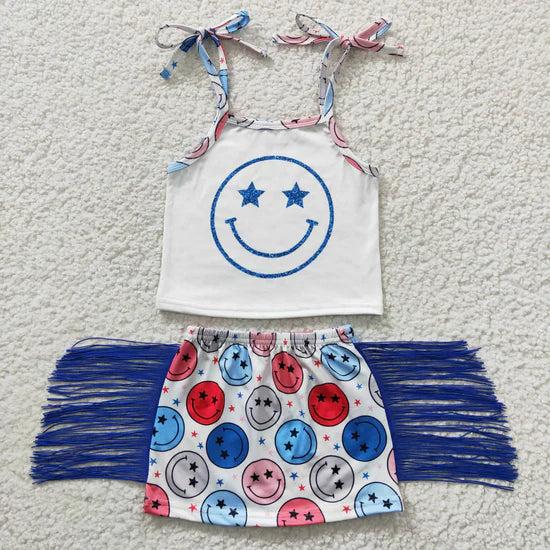 GSD0325 Smiley Sling Blue Fringe Skirt Set