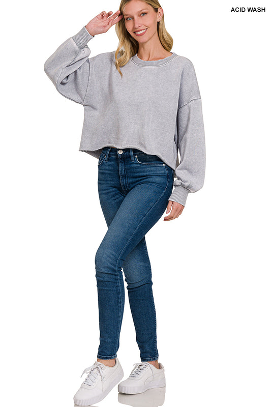 Acid wash fleece cropped pullover