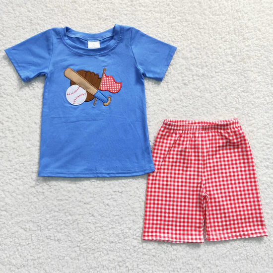 BSSO0134 Boys Embroidered Baseball Uniform Blue Short Sleeve Red Plaid Shorts Set