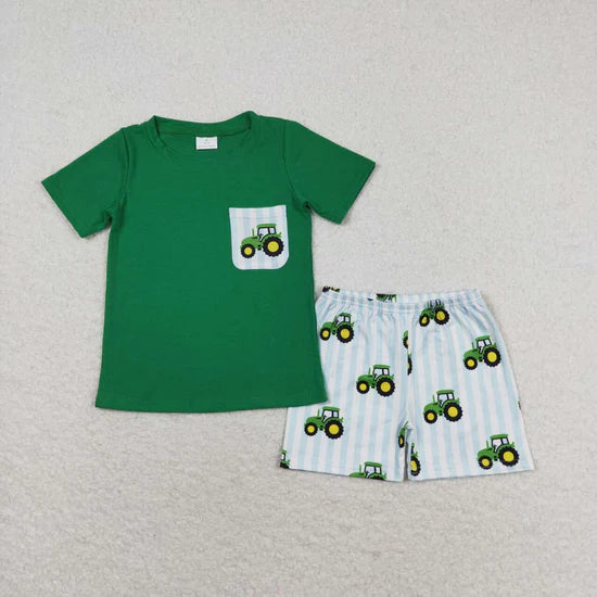BSSO0903 Farm Tractor Pocket Green Short Sleeve Blue Stripe Shorts Outfit