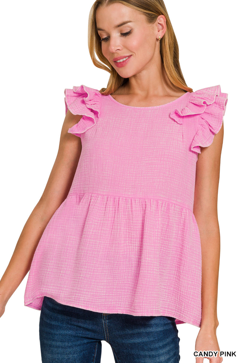 Double gauze acid washed tiered ruffle peplum