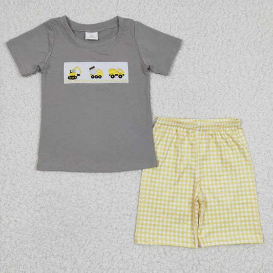 BSSO0124 Boys Embroidered Vehicle Gray Short Sleeve Yellow Shorts Set