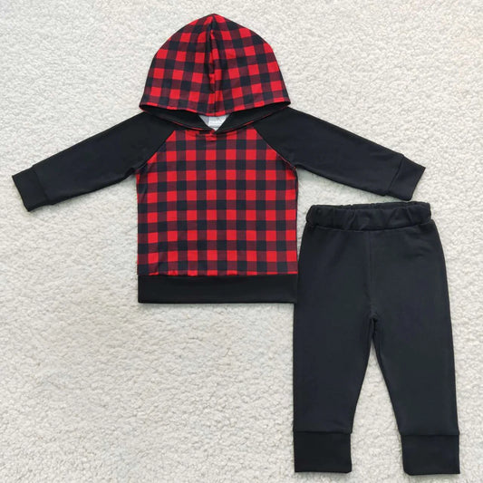 BLP0224 Red and black plaid hooded