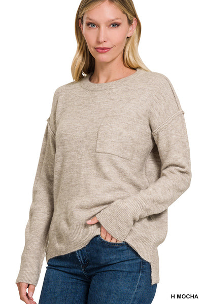 Melange hi-low hem pocket round neck sweater