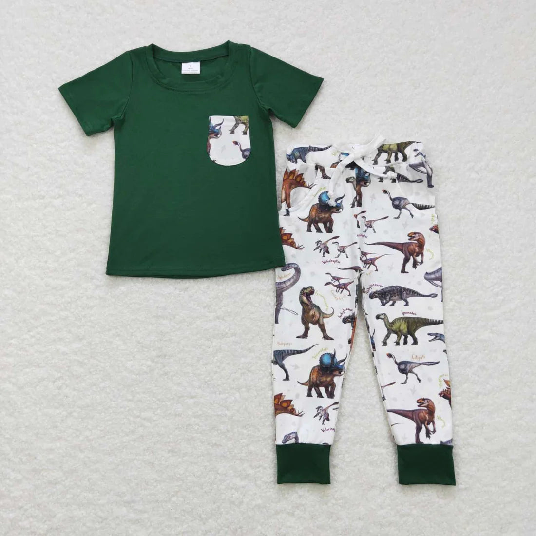 BSPO0181 Dinosaur Pocket Green Short Sleeve White Pants