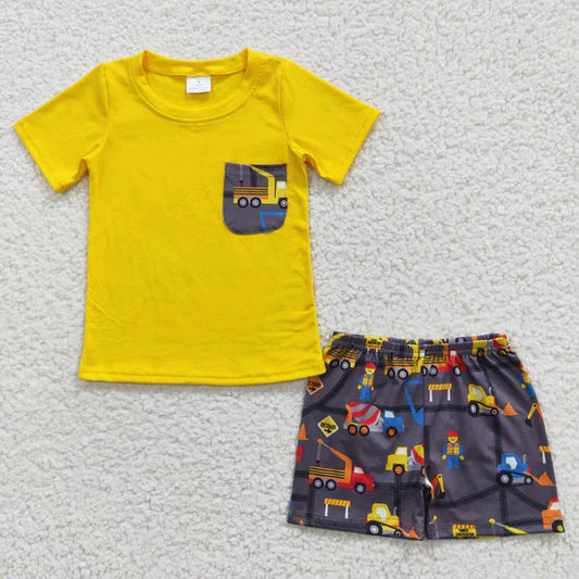 BSSO0231 Boys Construction Vehicle Yellow Pocket Short Sleeve Shorts Set