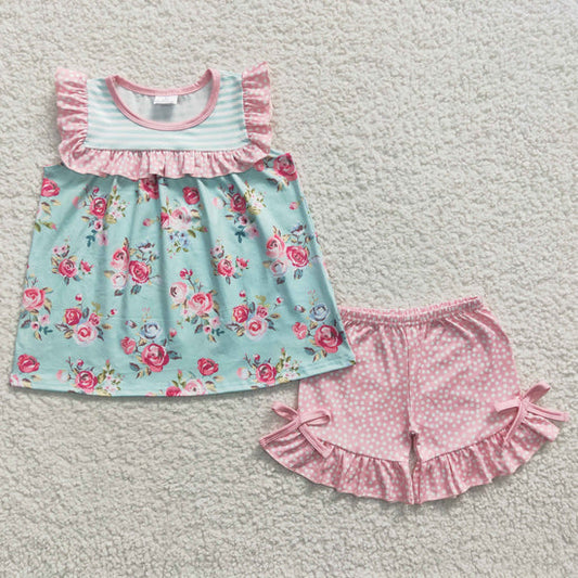 GSSO0215 Girls Floral Green Stripe Sleeveless Pink Shorts Set