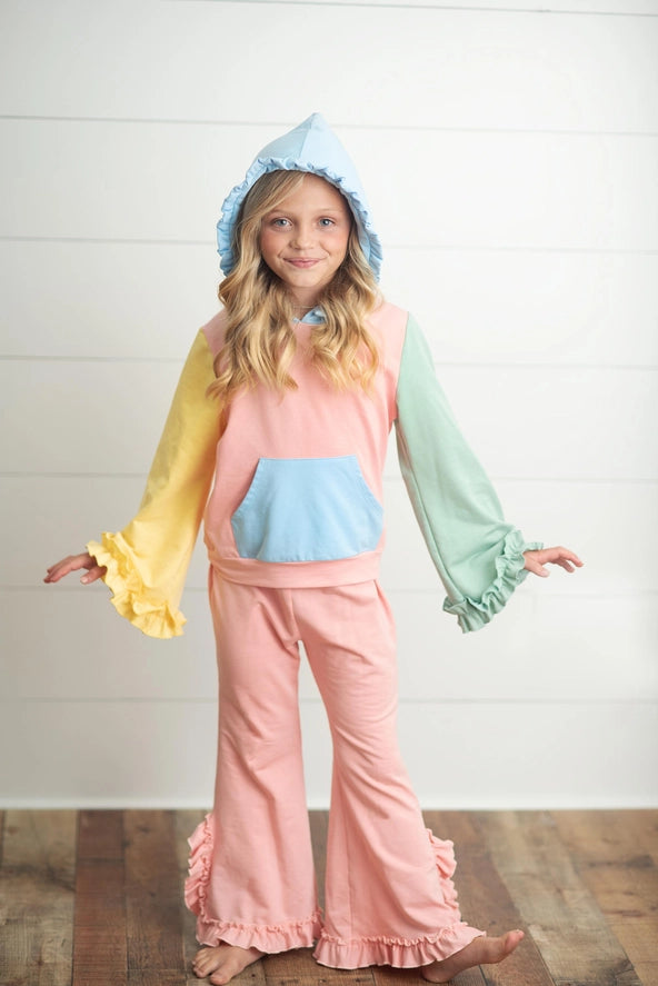 Kids Pastel Color Block Hooded Ruffle Pocket Set